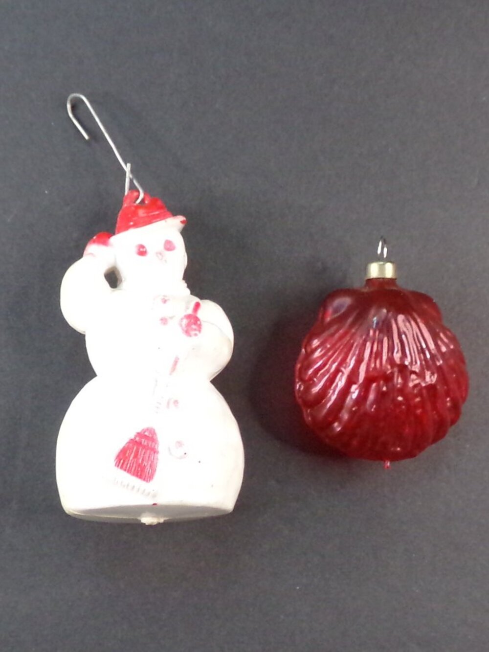 Vintage Christmas Tree Ornaments Snowman Shell White Red Hard Textured Plastic